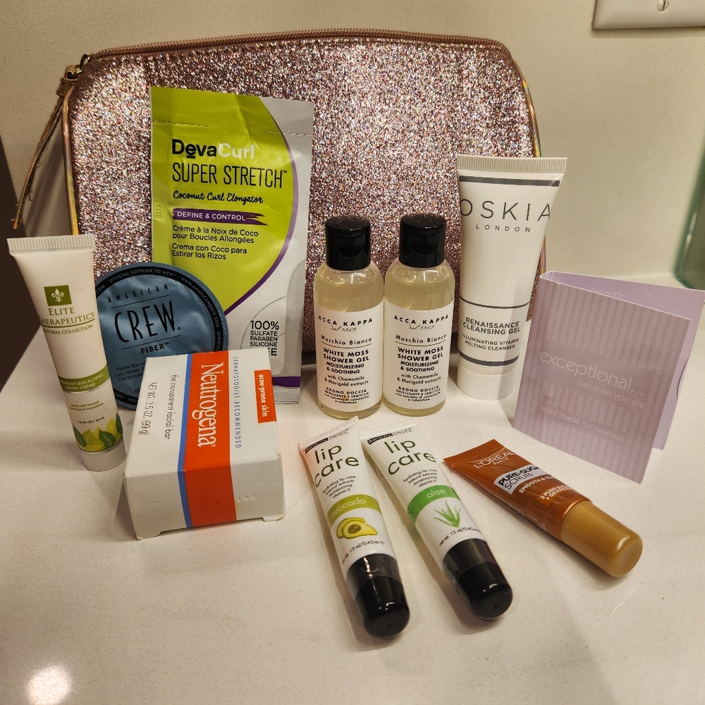 Beauty Bundle! New! Makeup bag, cream, lip balm, body wash, face scrub, hair